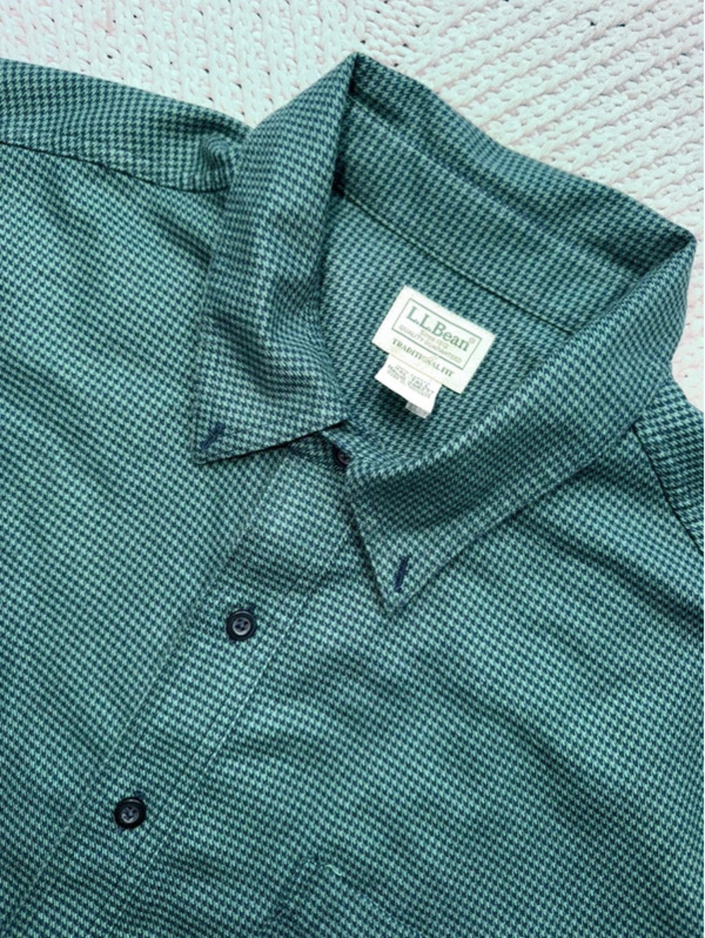 L.L. Bean Houndstooth Button Down Shirt Men's XXL Tall Green 100% Cotton